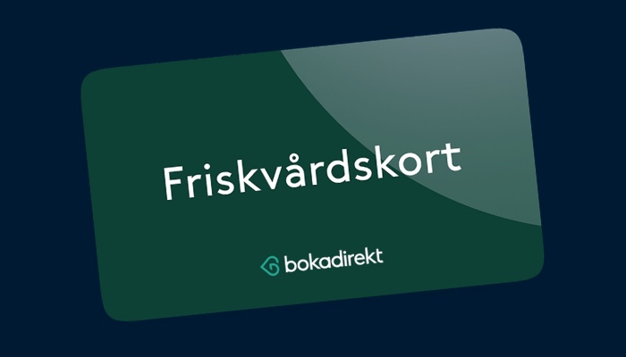 Bokadirekts friskvårdskort i grönt mot mörkblå bakgrund